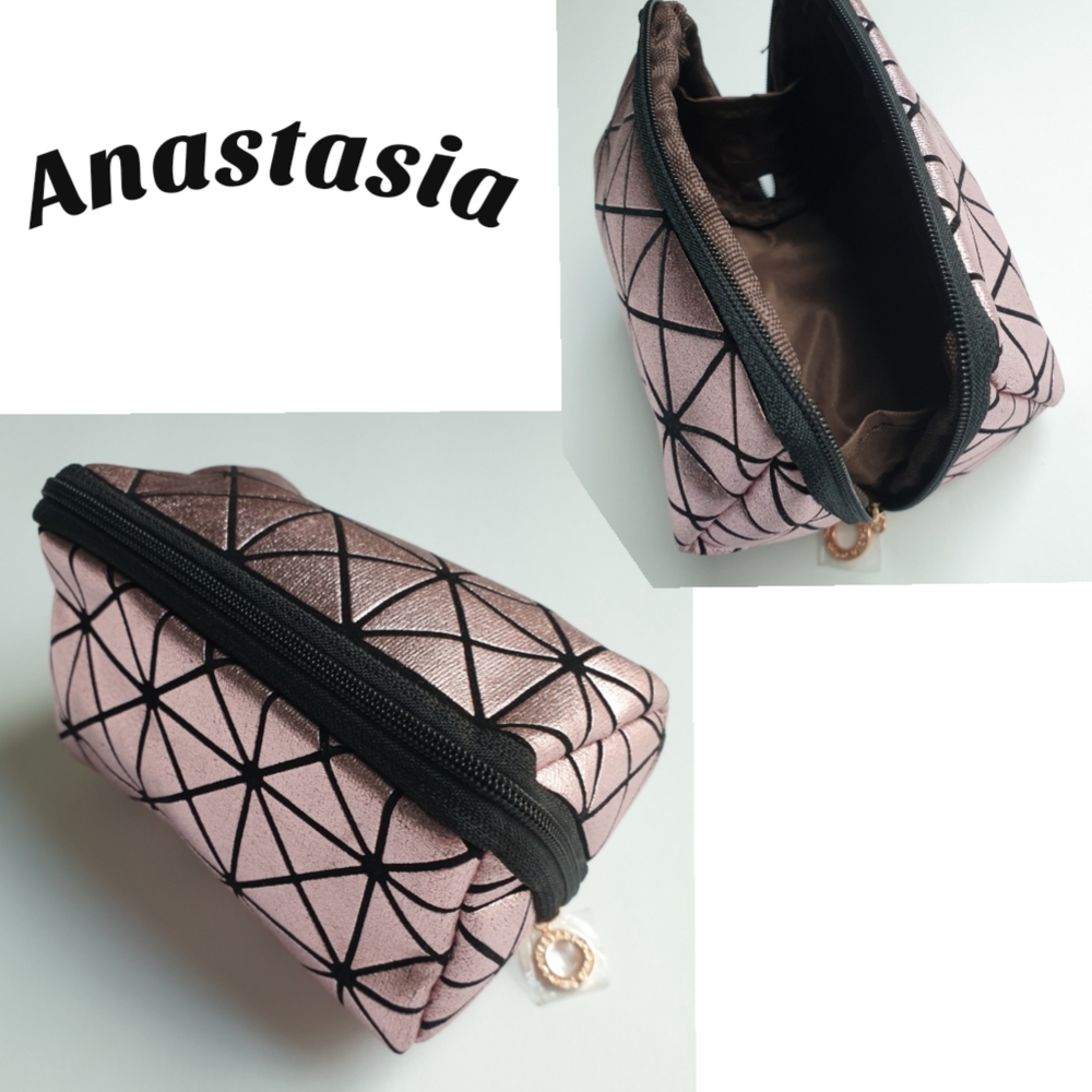 Anastasia Pink & Black Small Geometric Patterned Cosmetic Bag w/ Zipper (Lined)